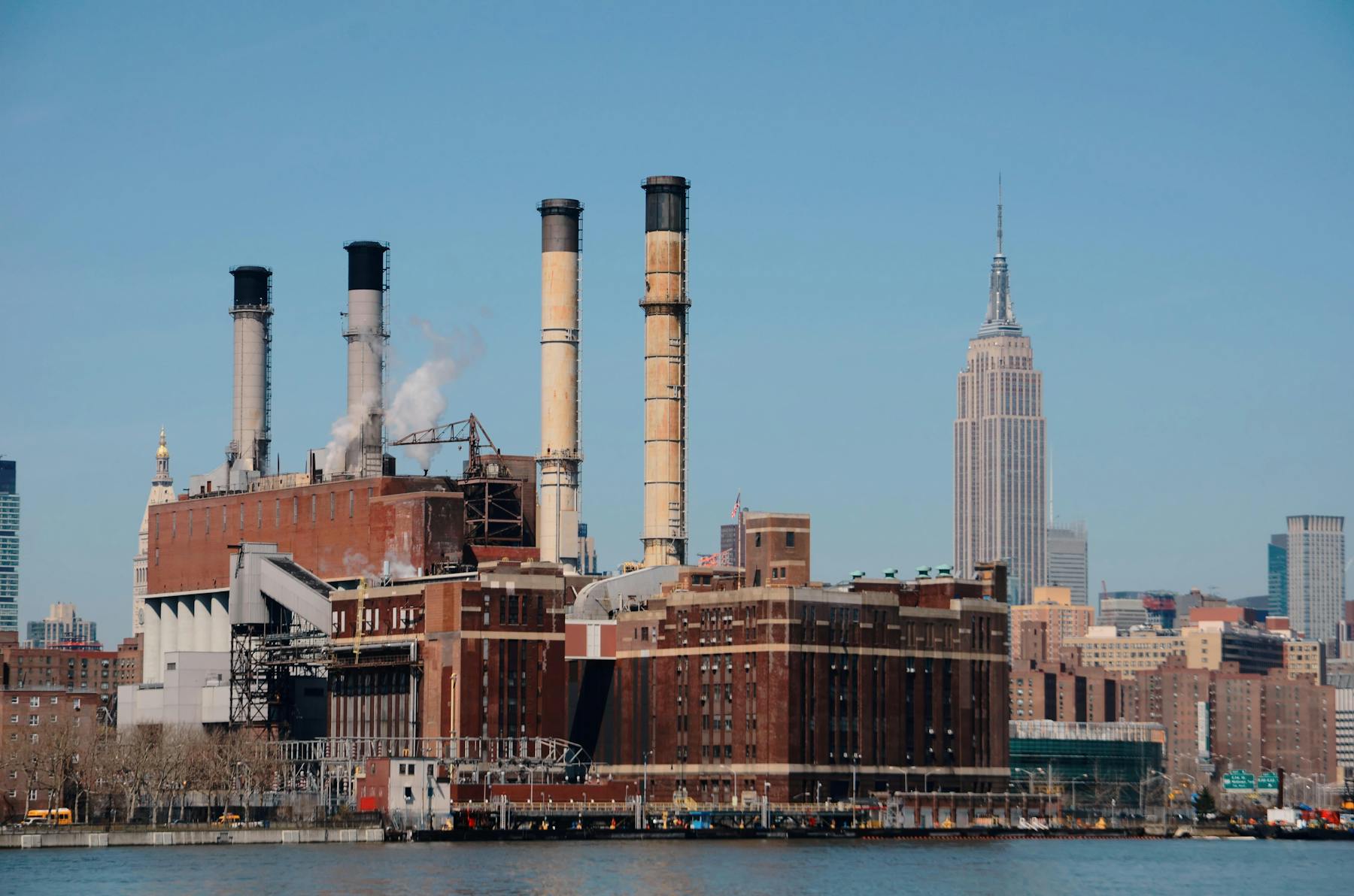 New York City power station along the East River at sunset.